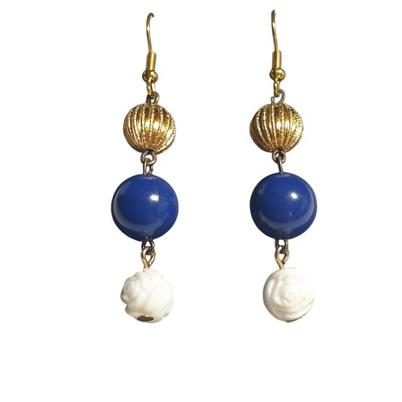 Gold Tone Drop Earrings Blue Beads White Rose Accents Long Dangle Lightweight - Picture 2 of 4